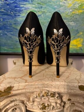 Big Tree Women's Black Satin Heels with Silver Leaf Detail